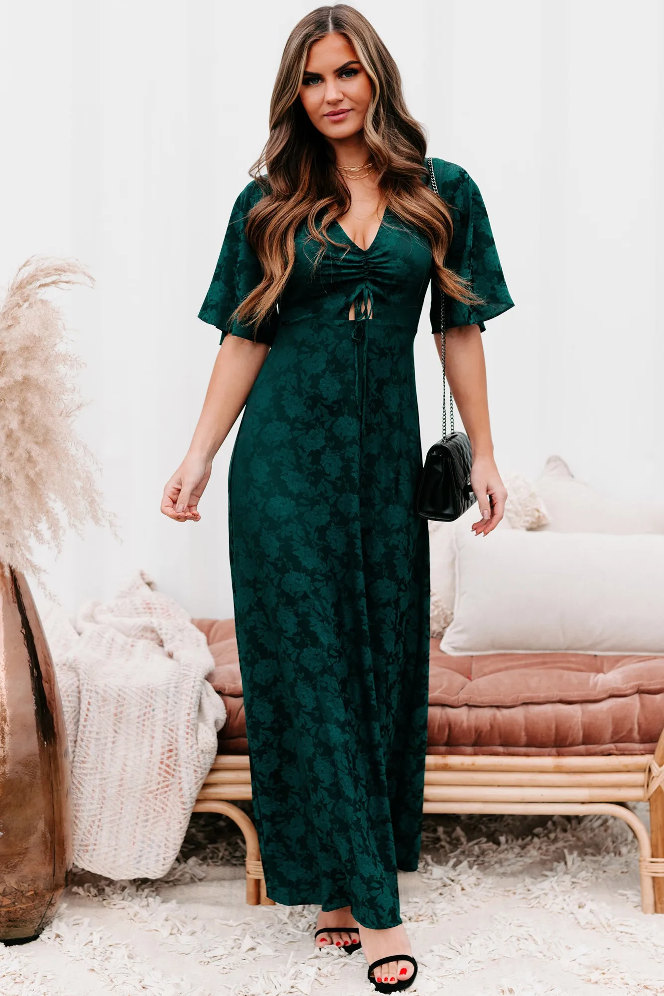 Always Celebrating Ruched Front Floral Maxi Dress (Dark Green)