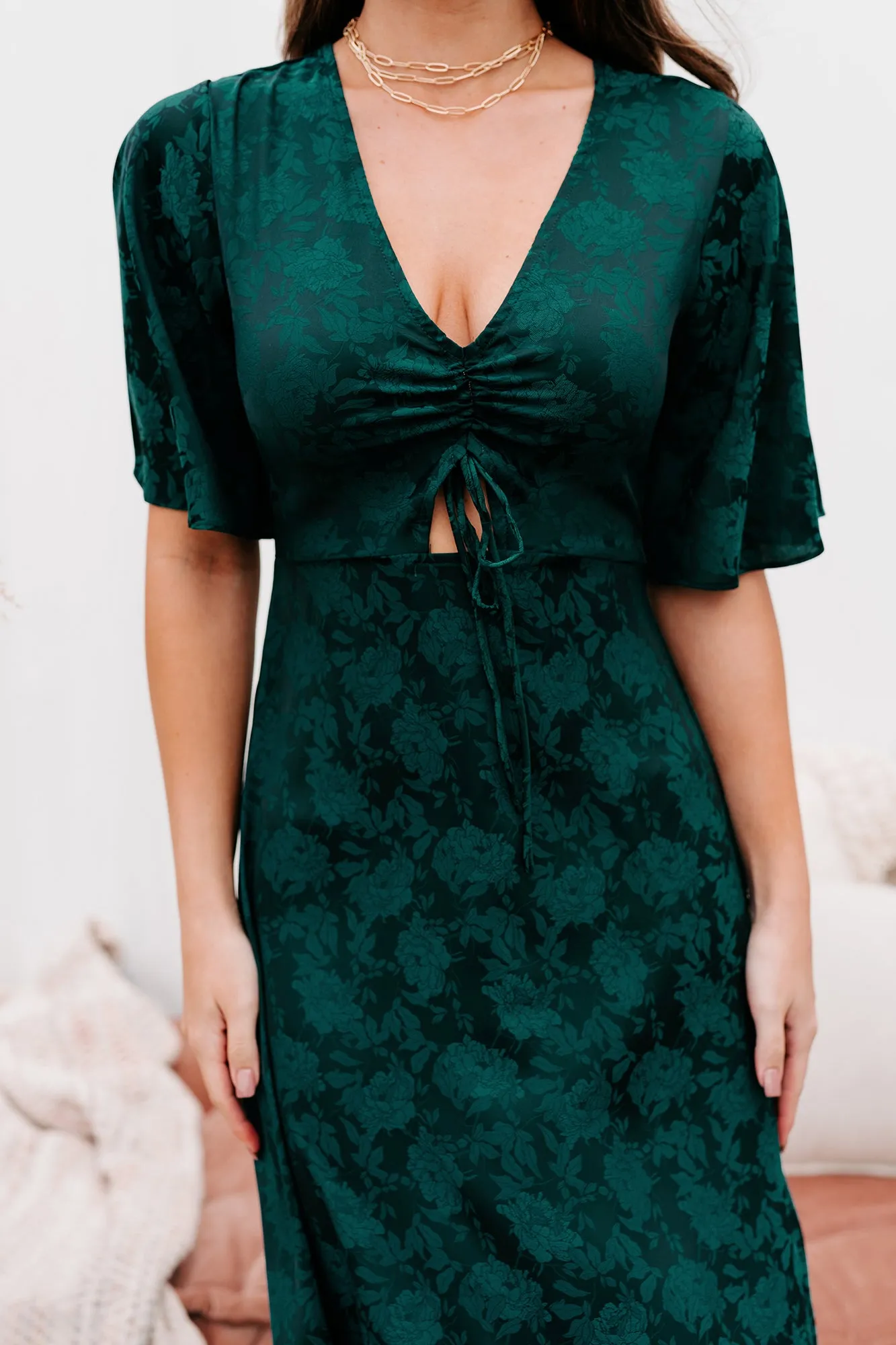 Always Celebrating Ruched Front Floral Maxi Dress (Dark Green)