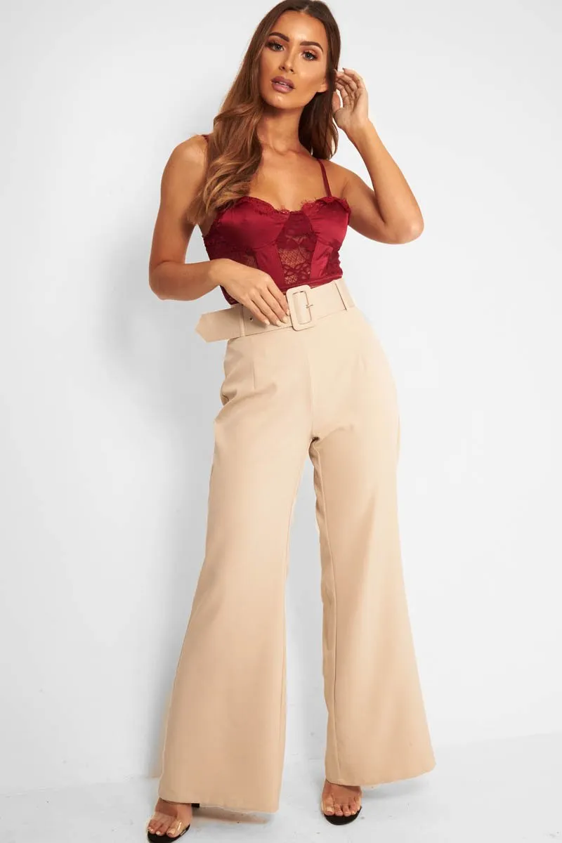 Beige Tailored Wide Leg Belted Trousers - Chenelle