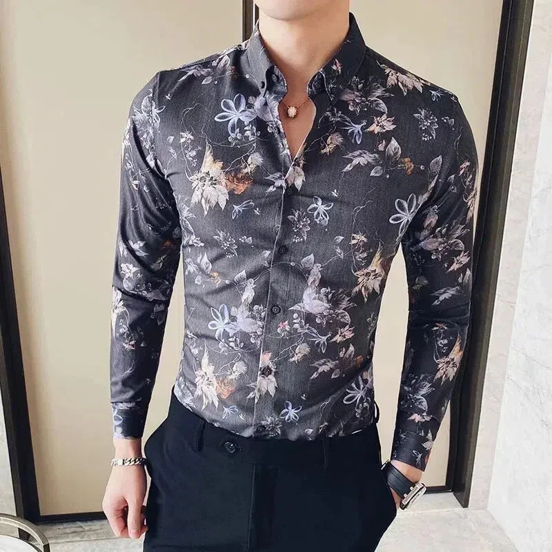 Bonsir Street Fashion Trend Versatile Shirts Spring Autumn New Men Lapel Printing Single Breasted Korean Casual Long Sleeve Slim Tops