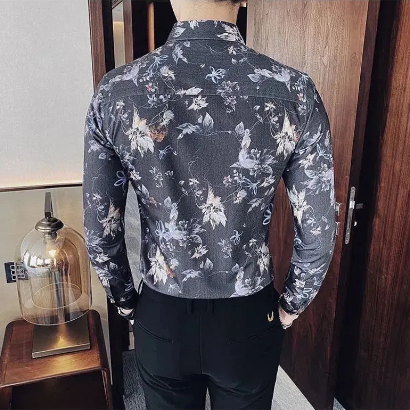 Bonsir Street Fashion Trend Versatile Shirts Spring Autumn New Men Lapel Printing Single Breasted Korean Casual Long Sleeve Slim Tops