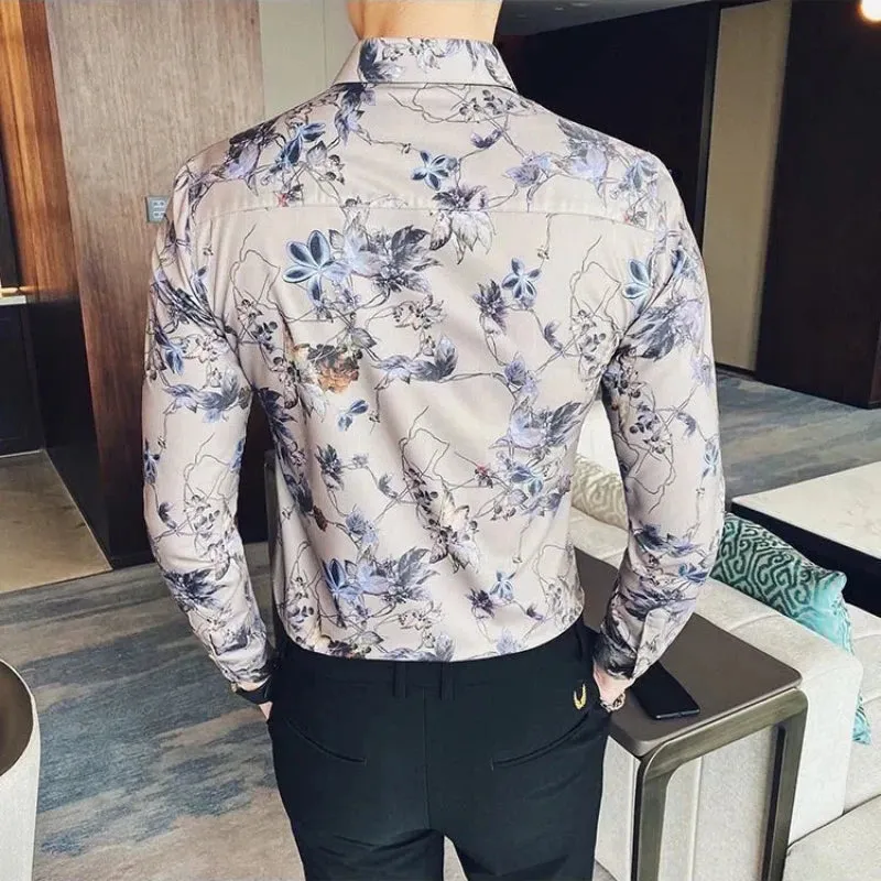 Bonsir Street Fashion Trend Versatile Shirts Spring Autumn New Men Lapel Printing Single Breasted Korean Casual Long Sleeve Slim Tops