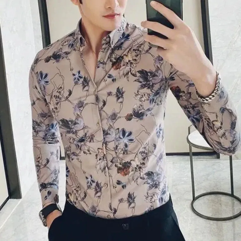 Bonsir Street Fashion Trend Versatile Shirts Spring Autumn New Men Lapel Printing Single Breasted Korean Casual Long Sleeve Slim Tops