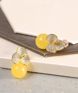 Chic Yellow Sterling Silver Overgild Beeswax Floral Stud Earrings LY9169