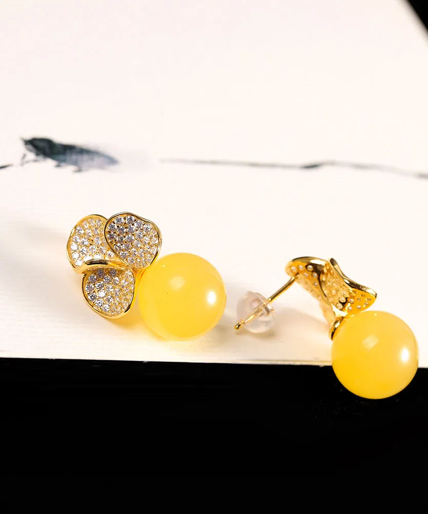 Chic Yellow Sterling Silver Overgild Beeswax Floral Stud Earrings LY9169