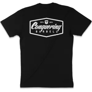 Conquering Barbell Script Logo - on Black tee