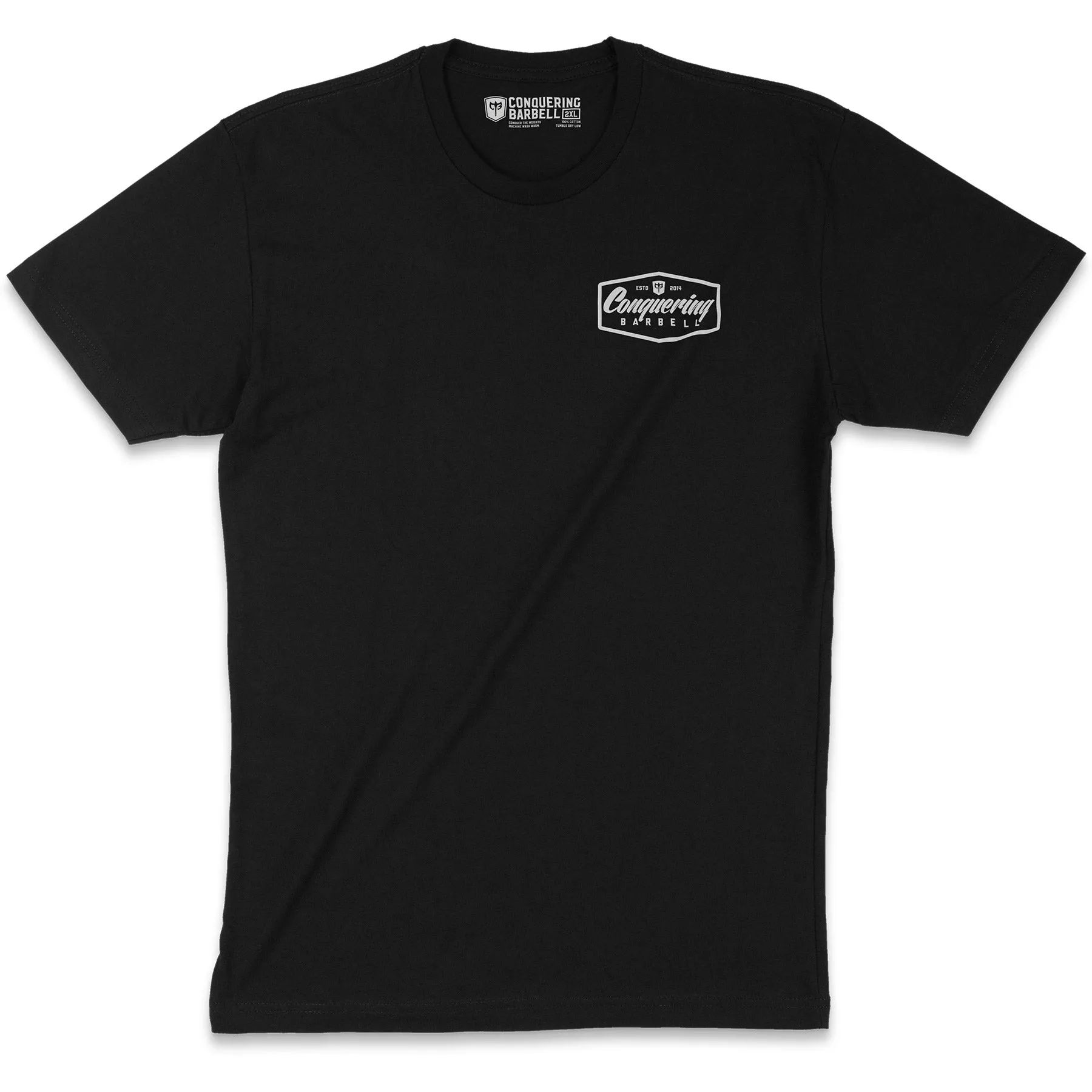 Conquering Barbell Script Logo - on Black tee