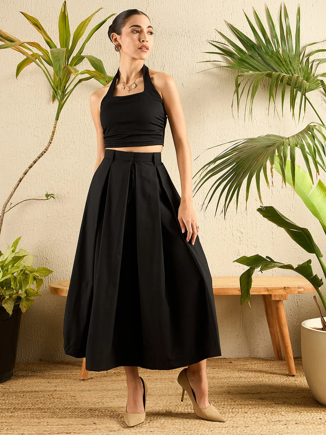 Cotton Poplin Box Pleated Midi Skirt