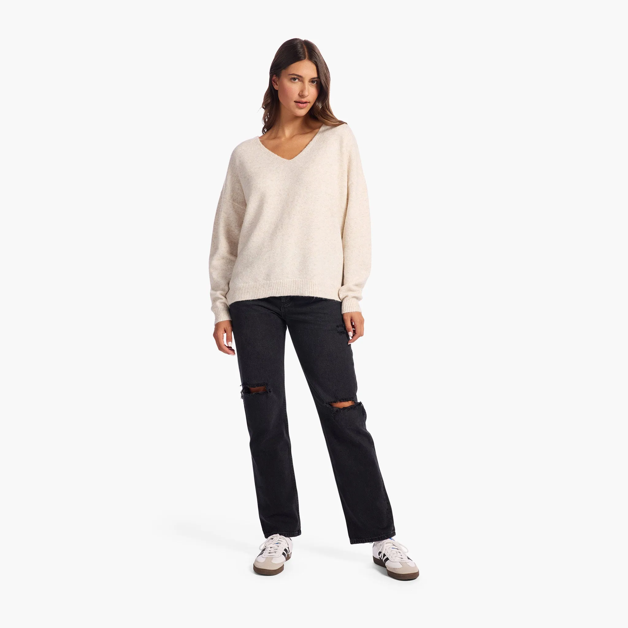 Cozy Knit V-Neck Sweater | Heather Bone