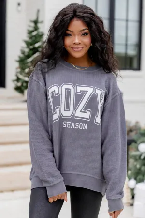 Cozy Season Charcoal Corded Graphic Sweatshirt FINAL SALE