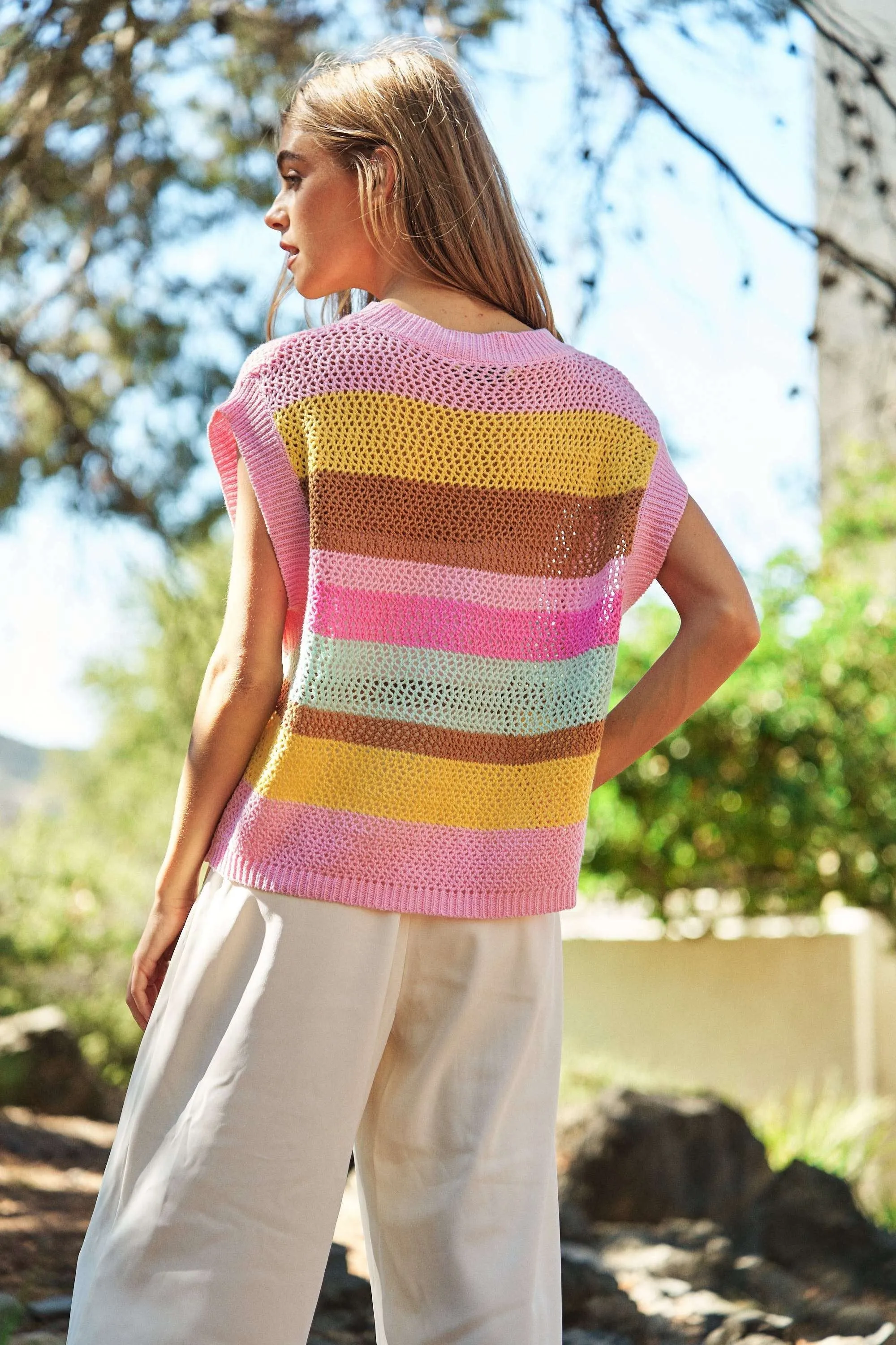 Davi & Dani Multicolored Striped Sweater Vest in Light Pink