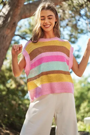 Davi & Dani Multicolored Striped Sweater Vest in Light Pink