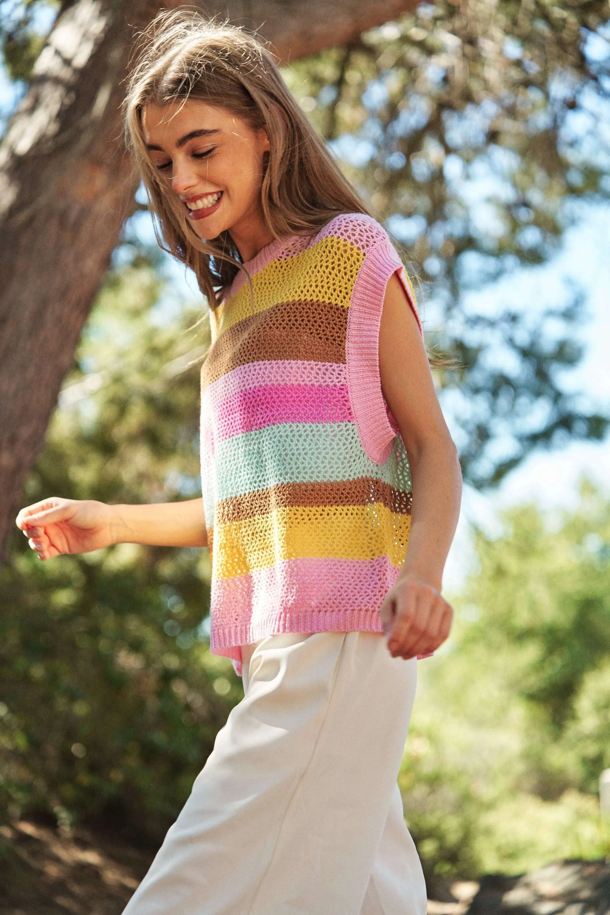 Davi & Dani Multicolored Striped Sweater Vest in Light Pink