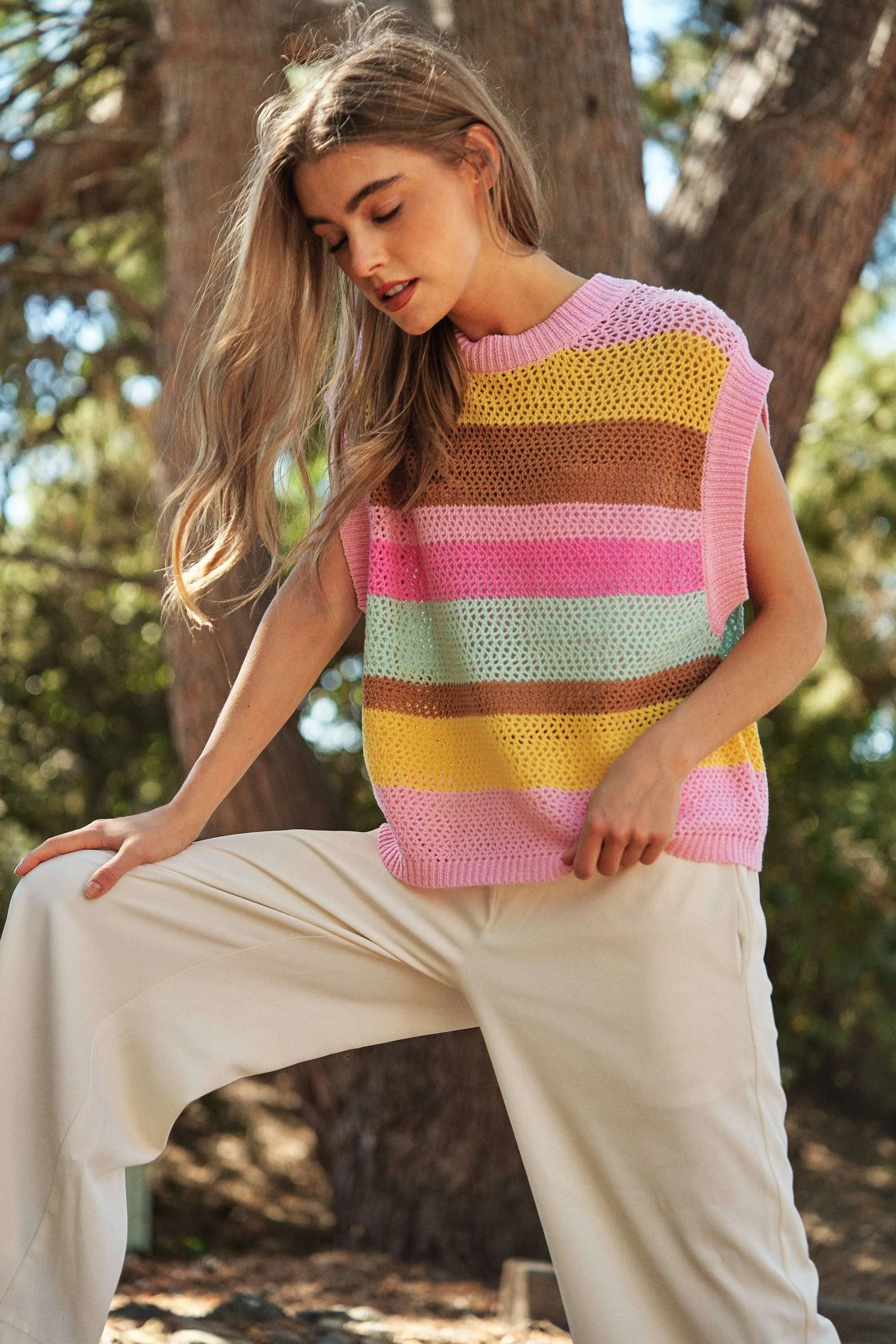 Davi & Dani Multicolored Striped Sweater Vest in Light Pink