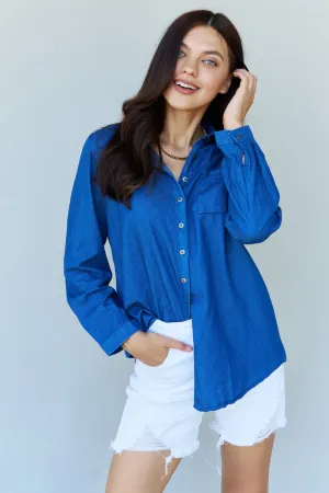 Denim Button Down Shirt Top in Dark Blue