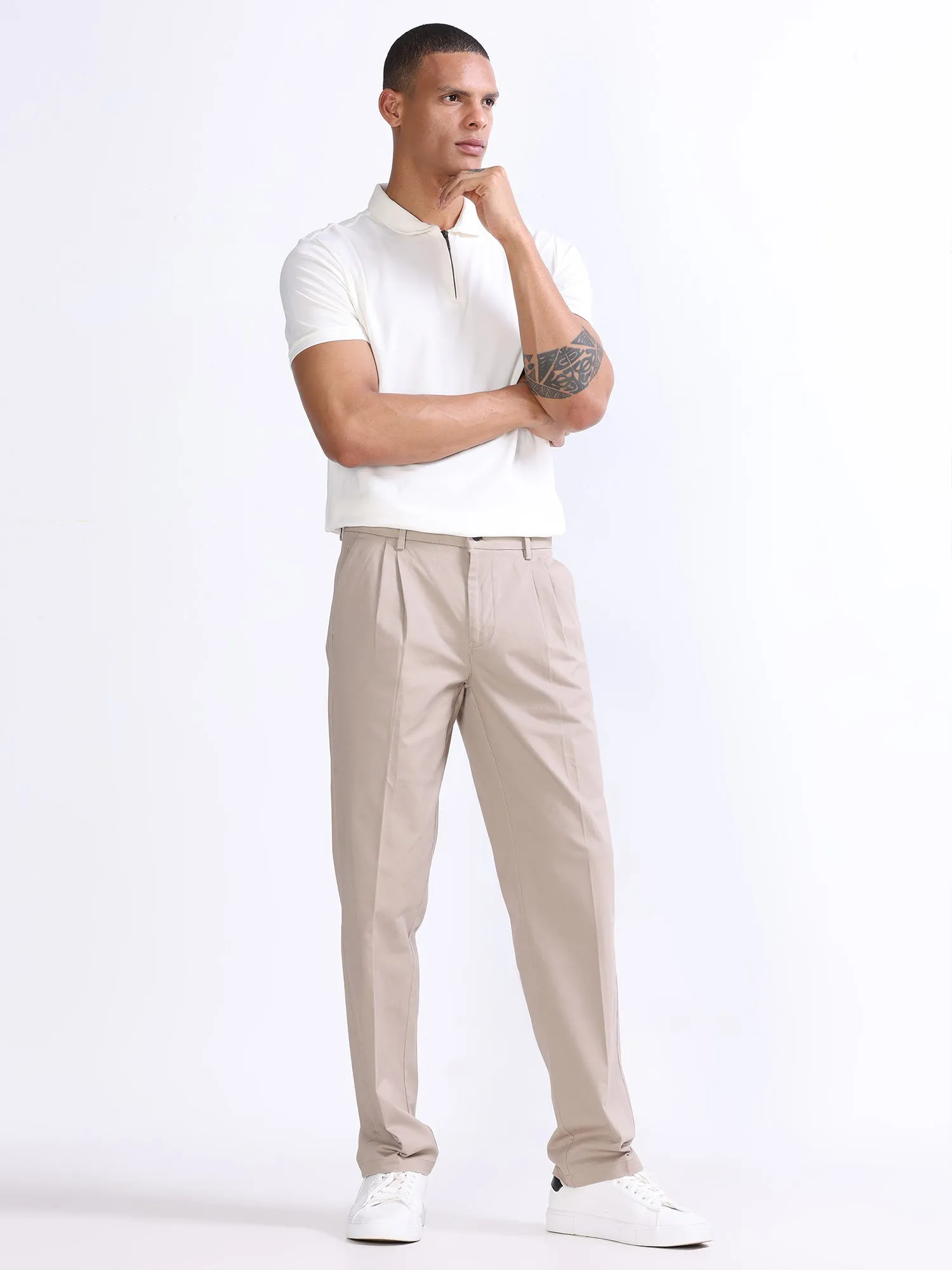 Duca Double Pleated Beige Relaxed Pant