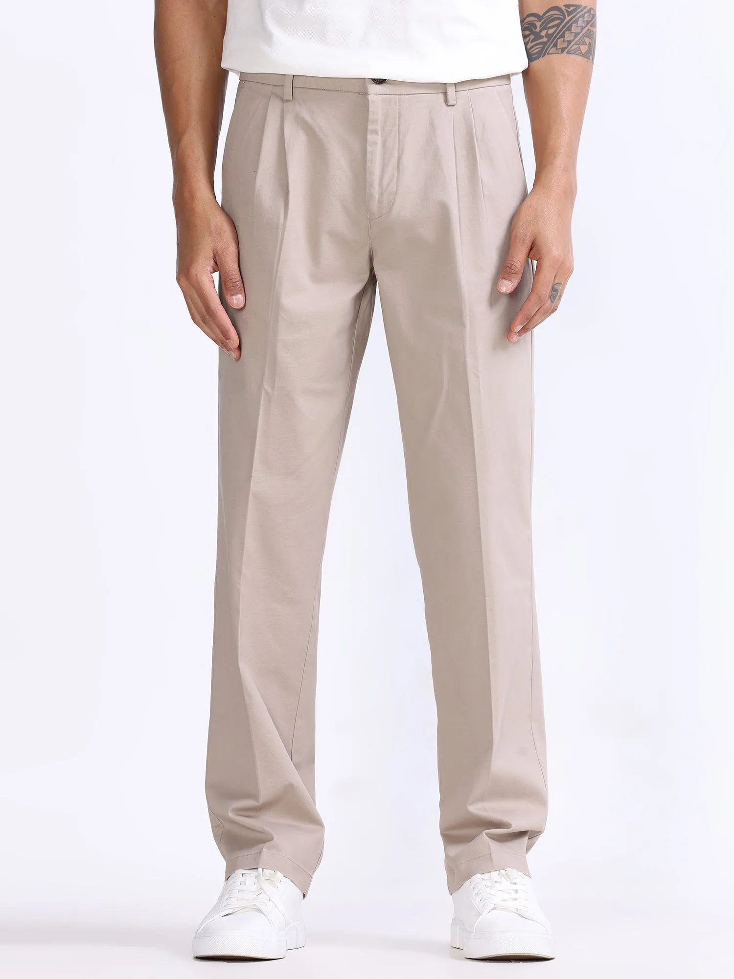 Duca Double Pleated Beige Relaxed Pant