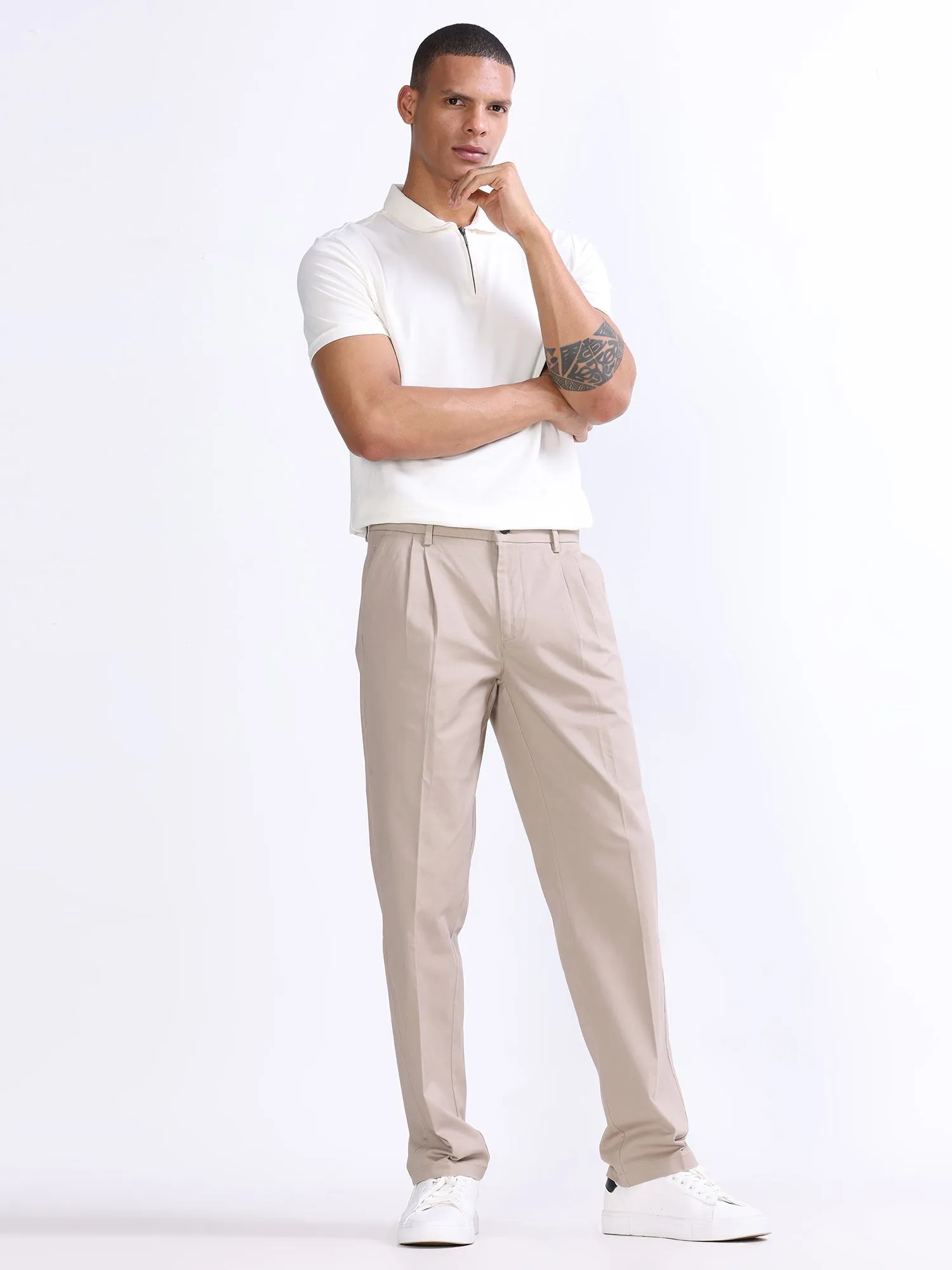 Duca Double Pleated Beige Relaxed Pant