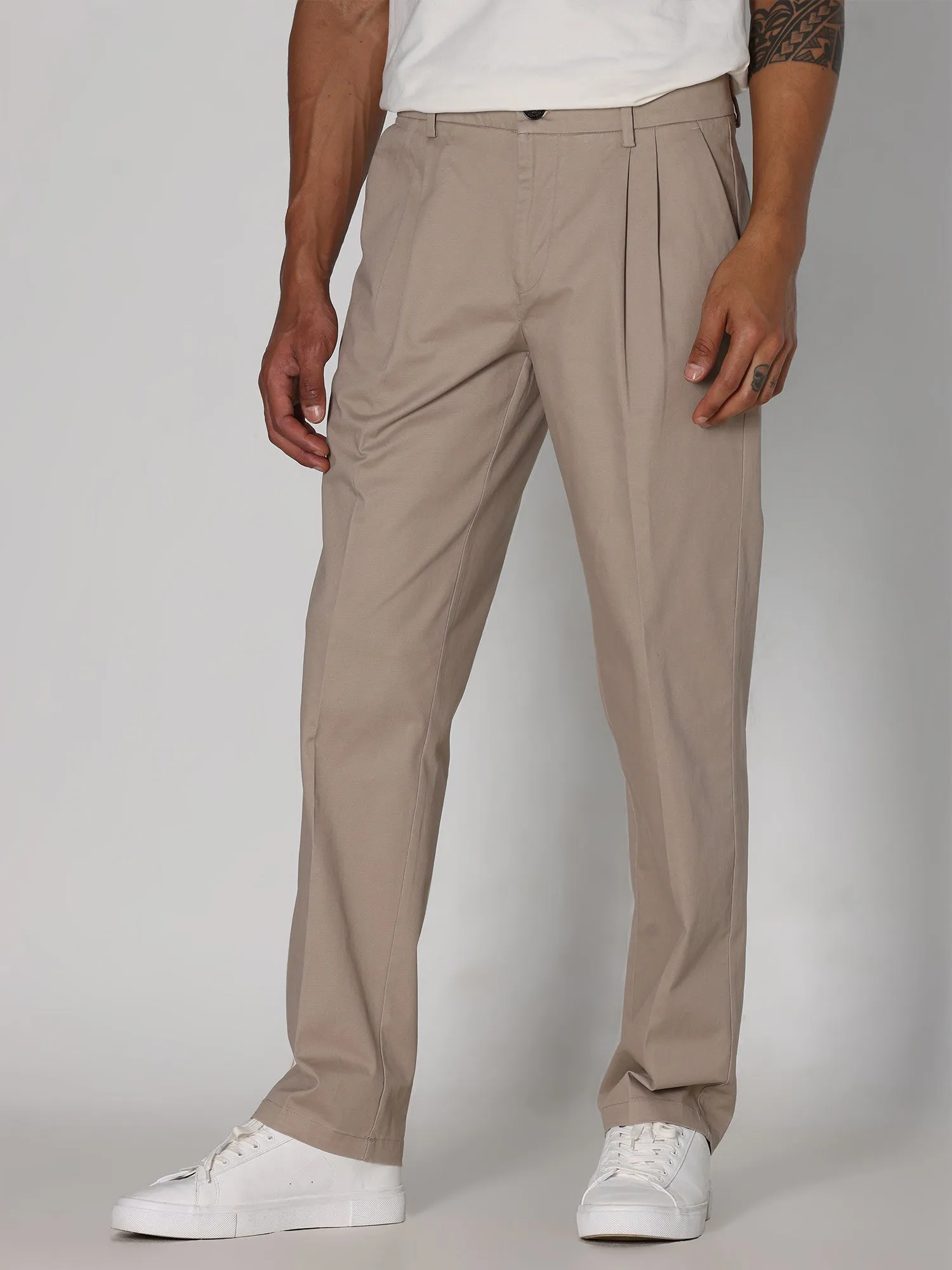 Duca Double Pleated Beige Relaxed Pant