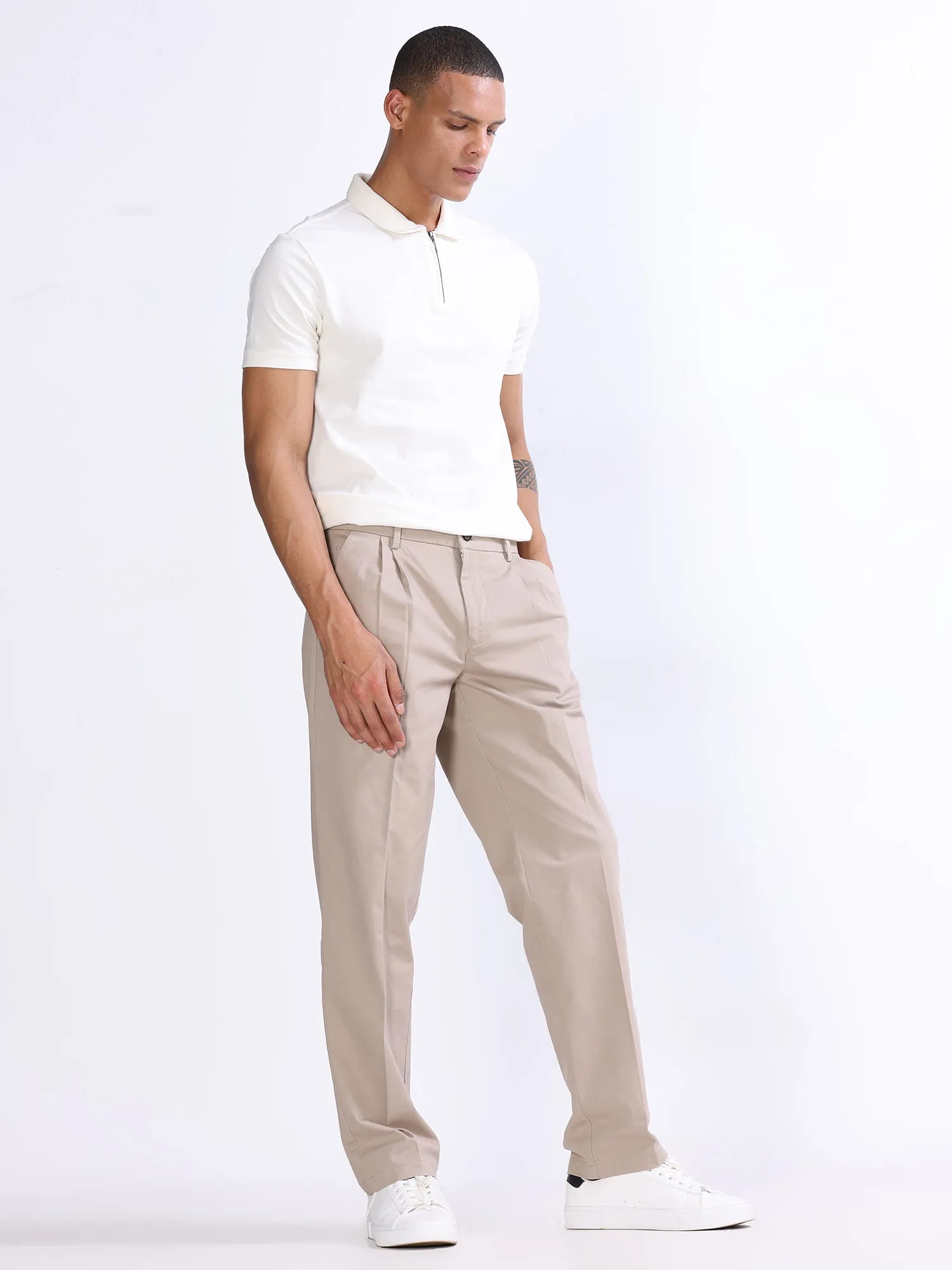 Duca Double Pleated Beige Relaxed Pant