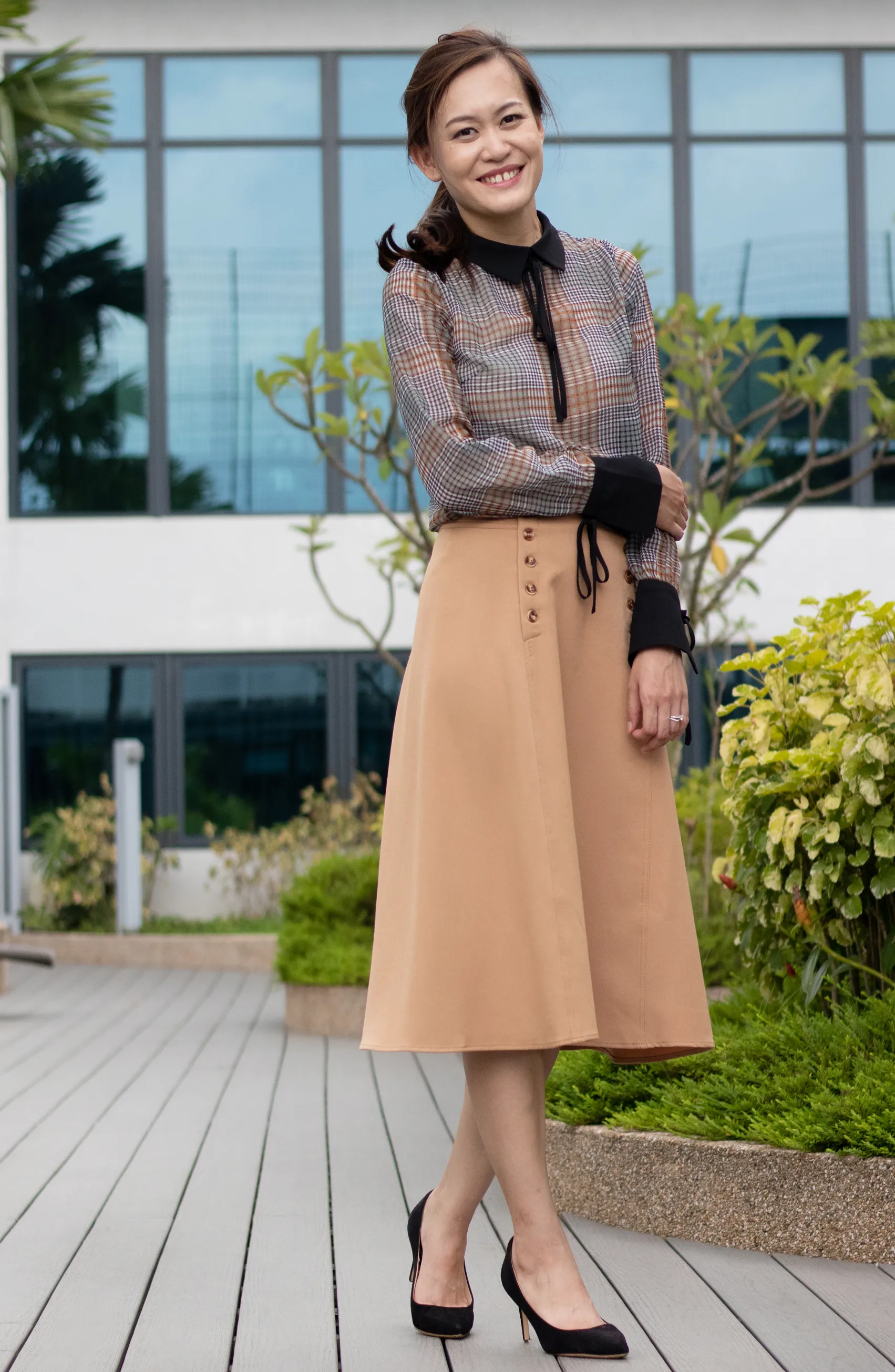 Fall Classic Brown Camel Double-Breast A-line Skirt