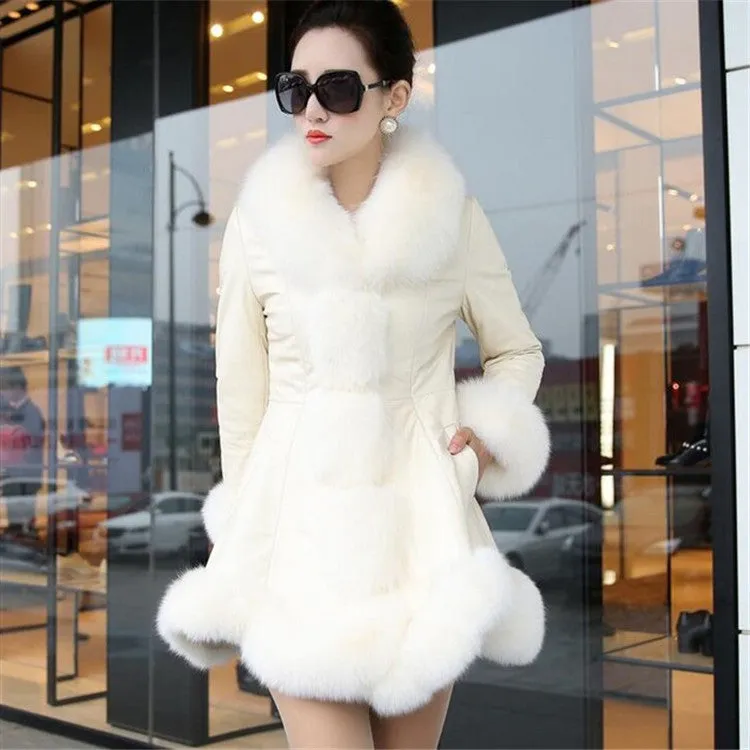 Faux fox fur big fur collar thick warm female leather coat long Women slim fur coat