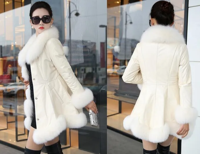 Faux fox fur big fur collar thick warm female leather coat long Women slim fur coat