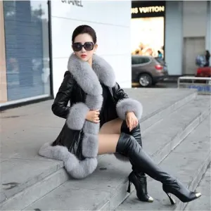 Faux fox fur big fur collar thick warm female leather coat long Women slim fur coat