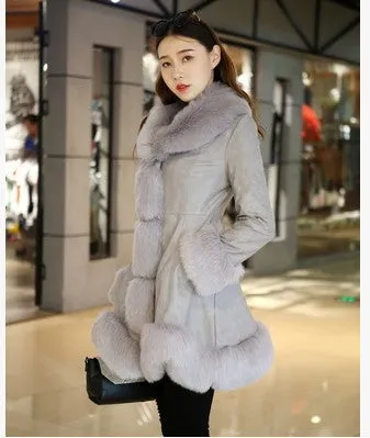 Faux fox fur big fur collar thick warm female leather coat long Women slim fur coat