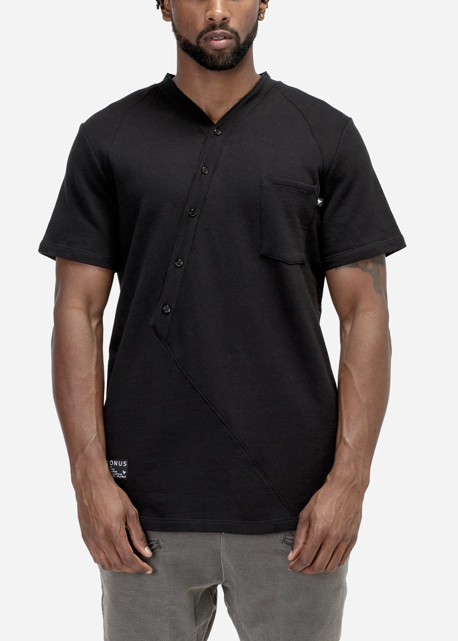 Half Button V Neck Pocket Tee In Black