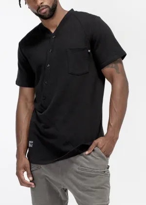 Half Button V Neck Pocket Tee In Black