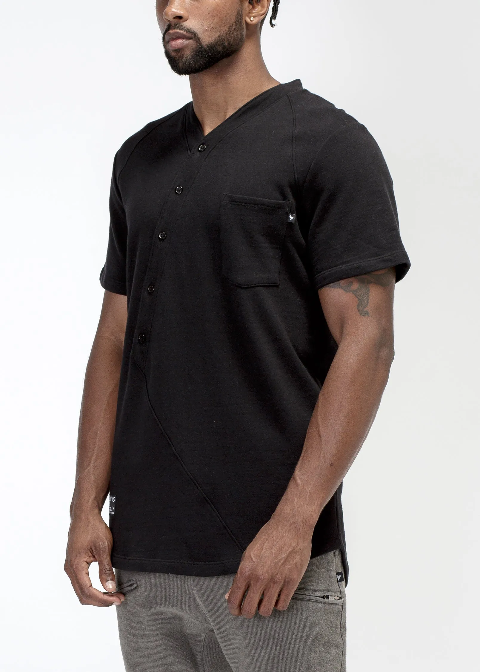 Half Button V Neck Pocket Tee In Black