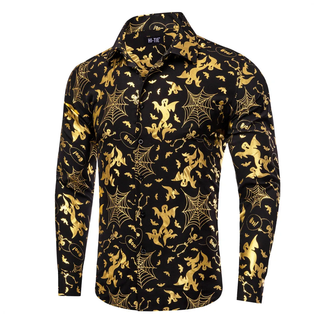 Hi-Tie Black Gold Ghosts Men Shirt Long Sleeve Shirt