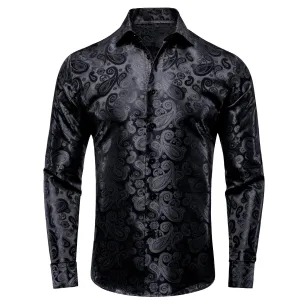 Hi-Tie Black Men Shirt Black Paisley Silk Men Long Sleeve Shirt Casual