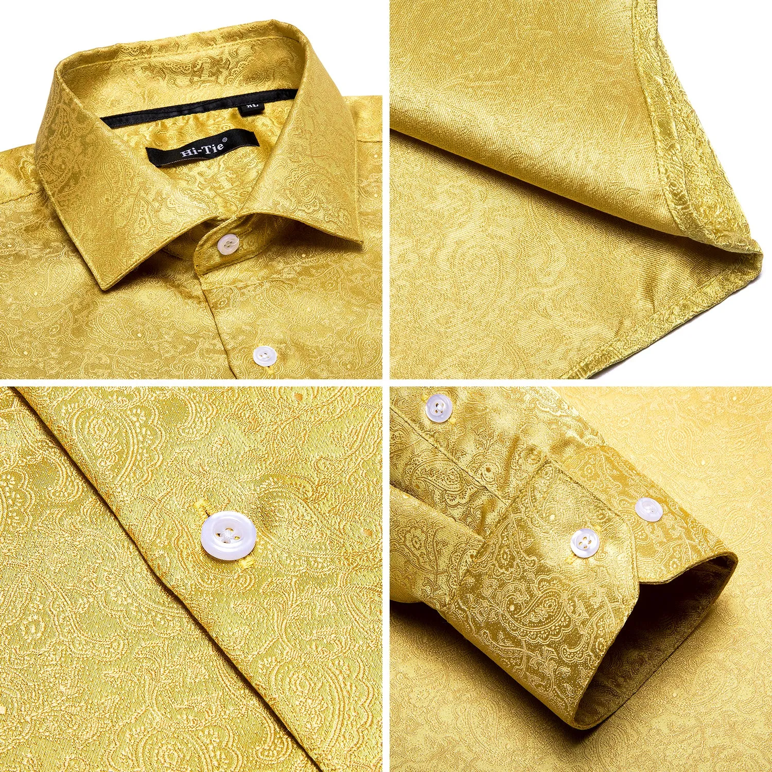 Hi-Tie Mustard Dress Shirt Yellow Golden Paisley Men Long Sleeve Shirt