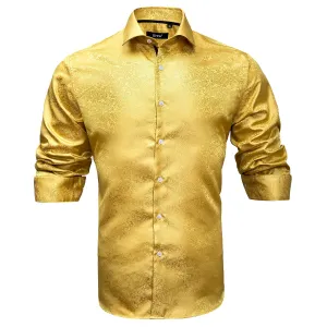 Hi-Tie Mustard Dress Shirt Yellow Golden Paisley Men Long Sleeve Shirt