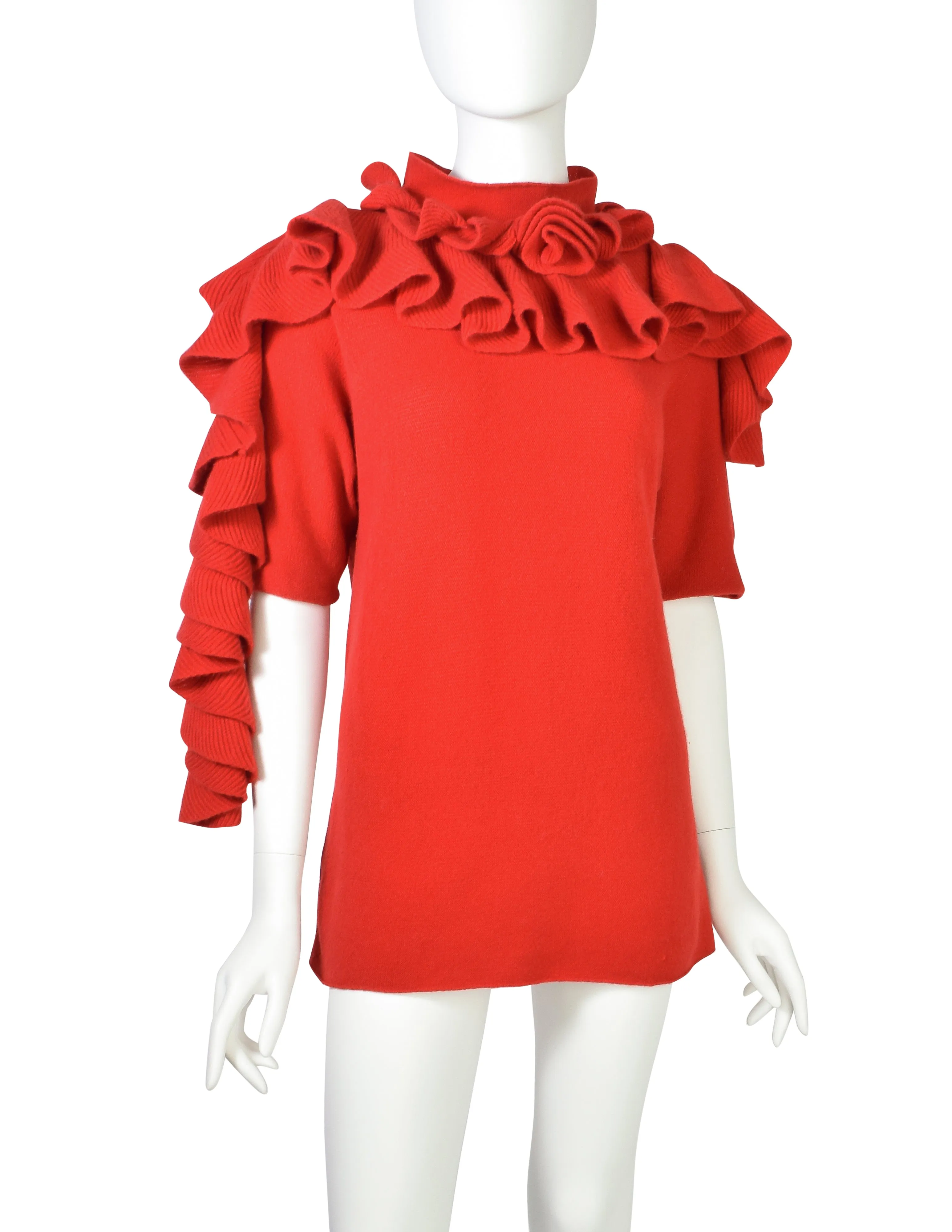 Issey Miyake Haat Heart Vintage Red Rosette Ruffle Scarf Cashmere Sweater