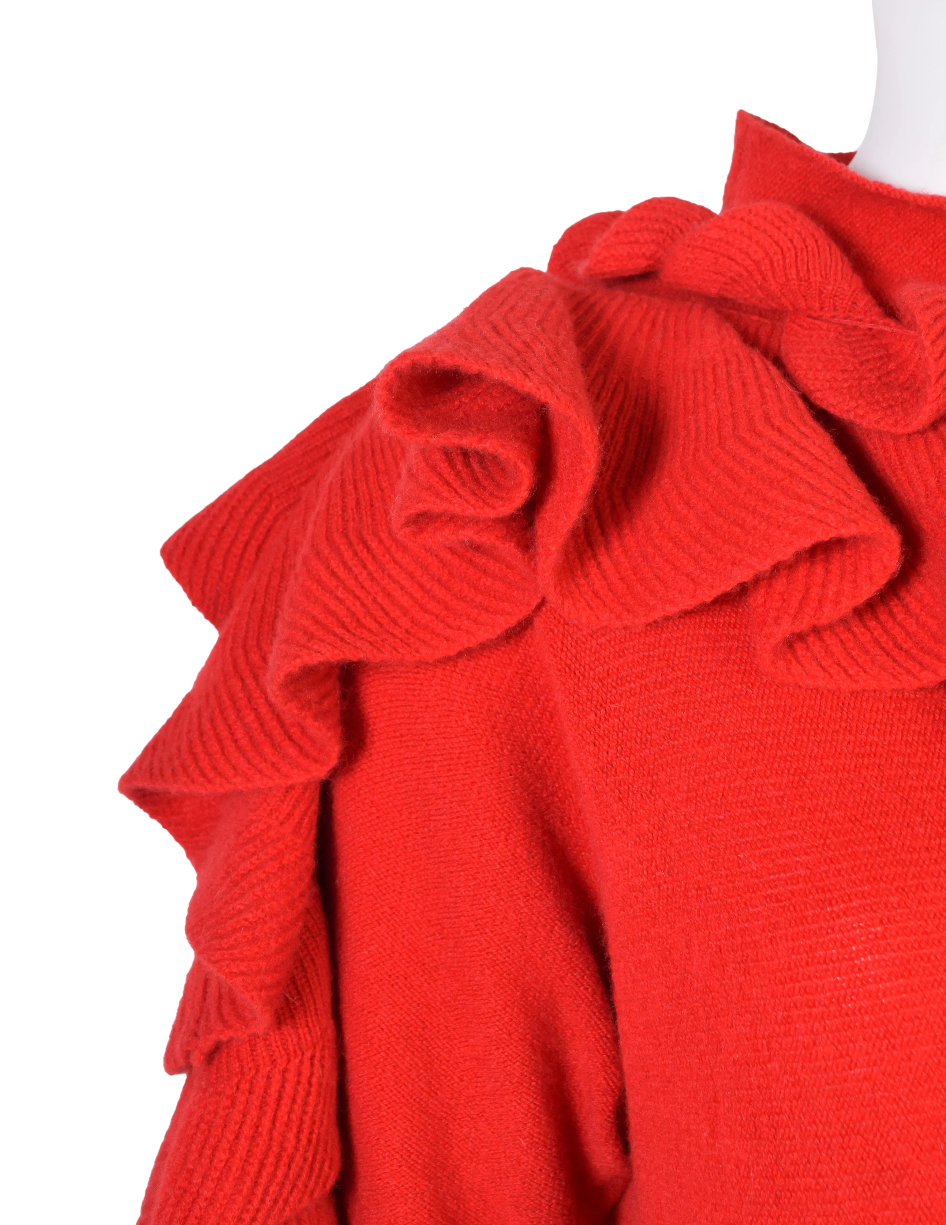 Issey Miyake Haat Heart Vintage Red Rosette Ruffle Scarf Cashmere Sweater