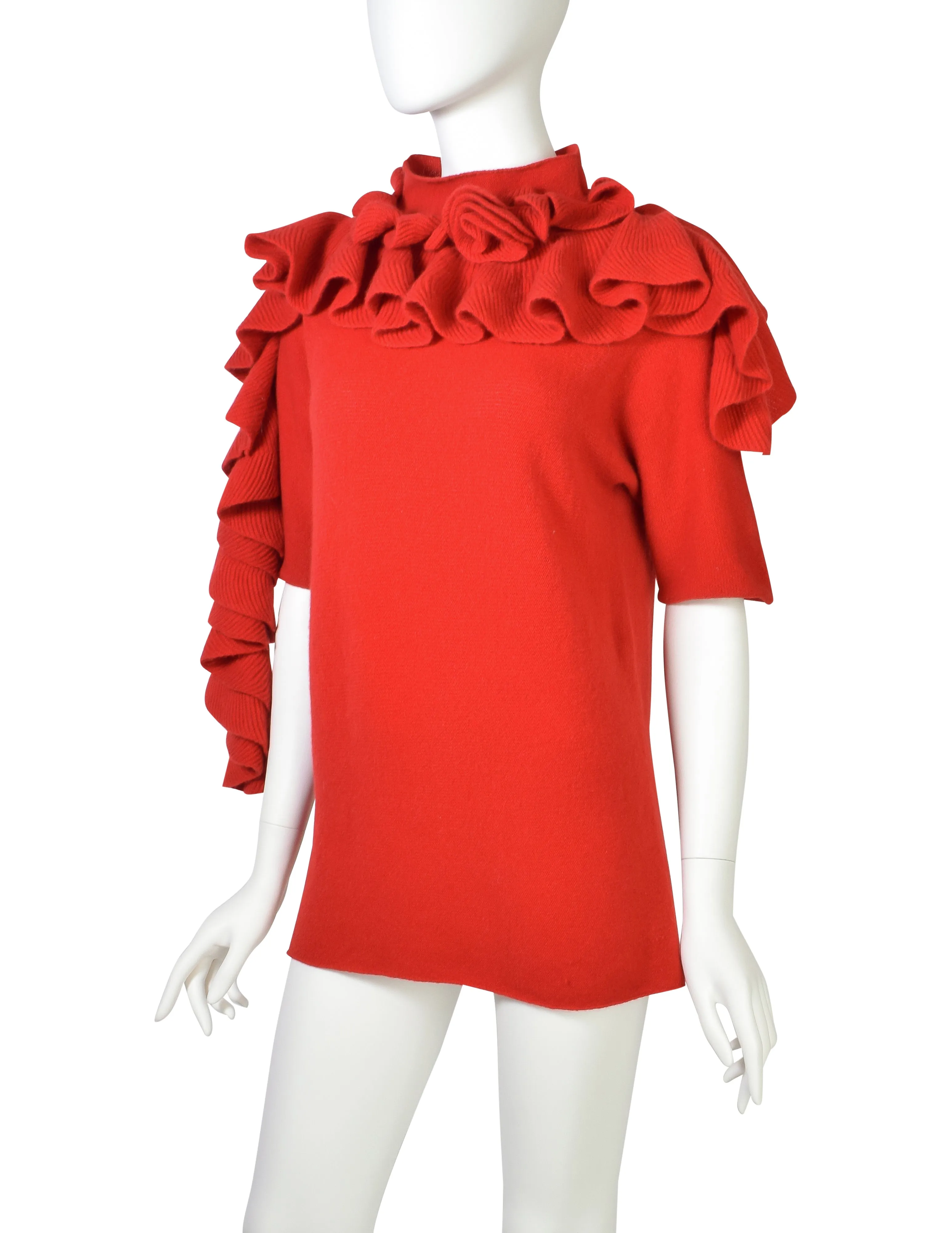 Issey Miyake Haat Heart Vintage Red Rosette Ruffle Scarf Cashmere Sweater