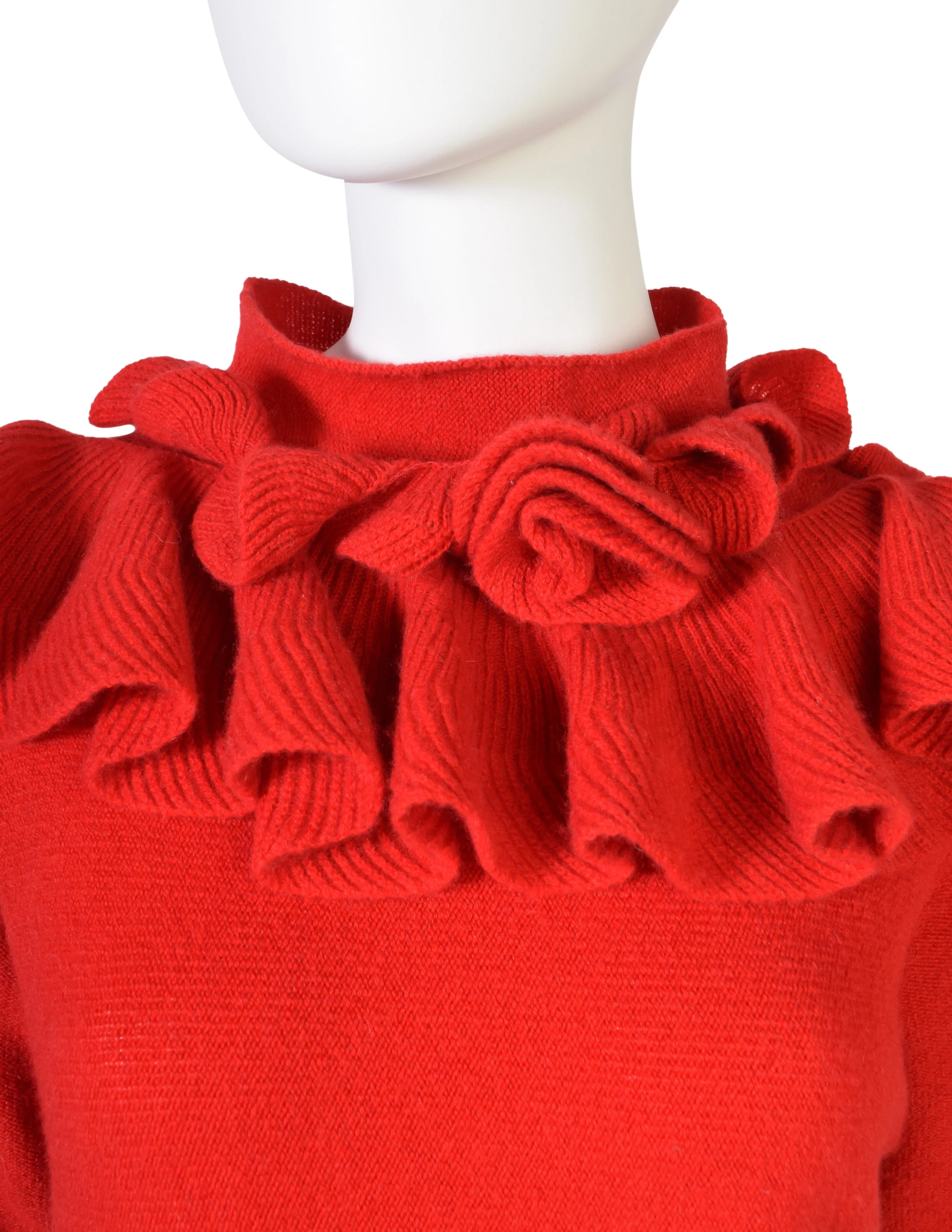 Issey Miyake Haat Heart Vintage Red Rosette Ruffle Scarf Cashmere Sweater