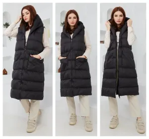 Ladies Womens Hooded Puffer Gilet Jacket Long Line Top Body Warmer Outwear S-5XL