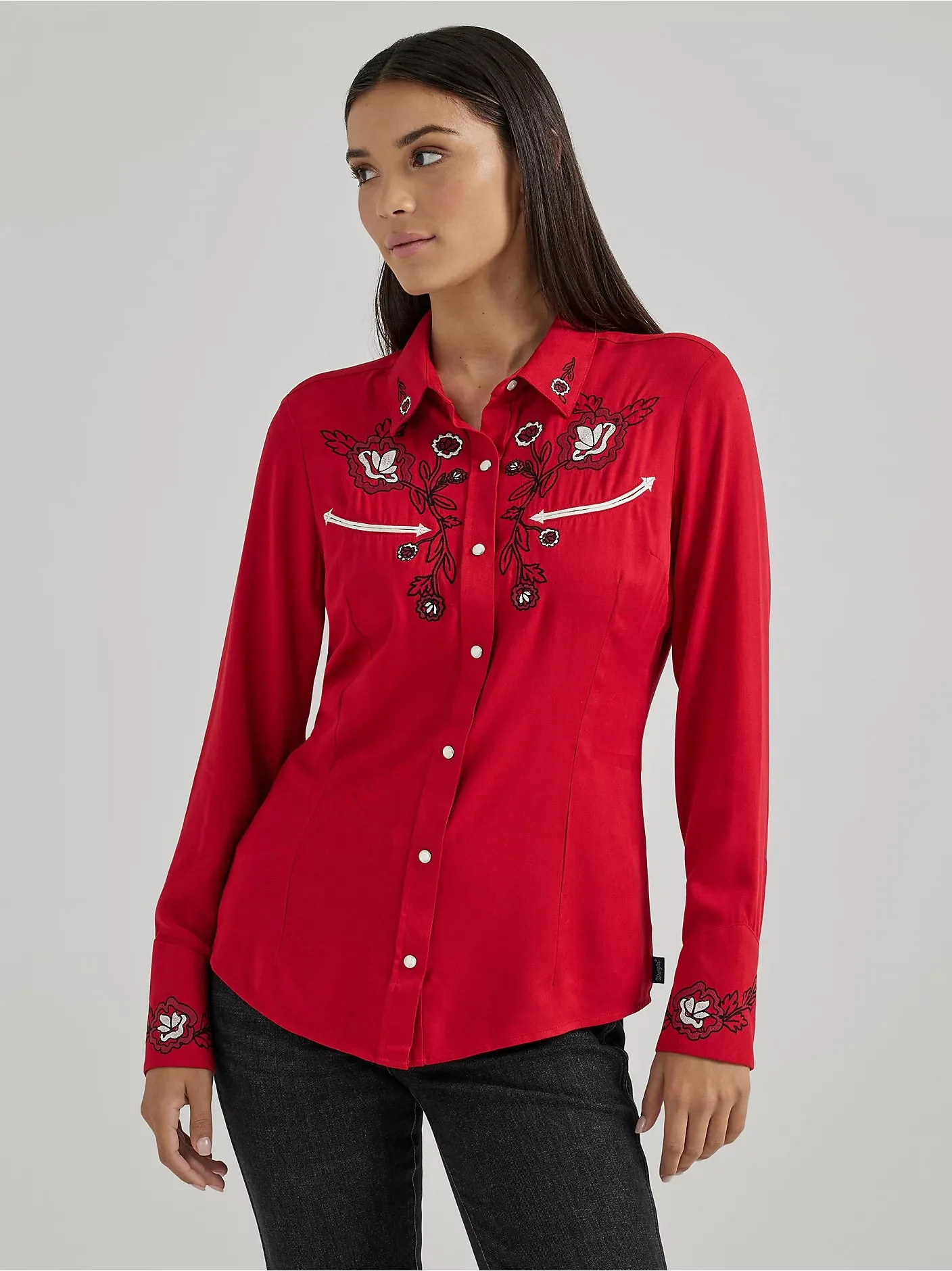 Ladies Wrangler Embroidered Western Yoke Shirt - Siren Red - 112356663