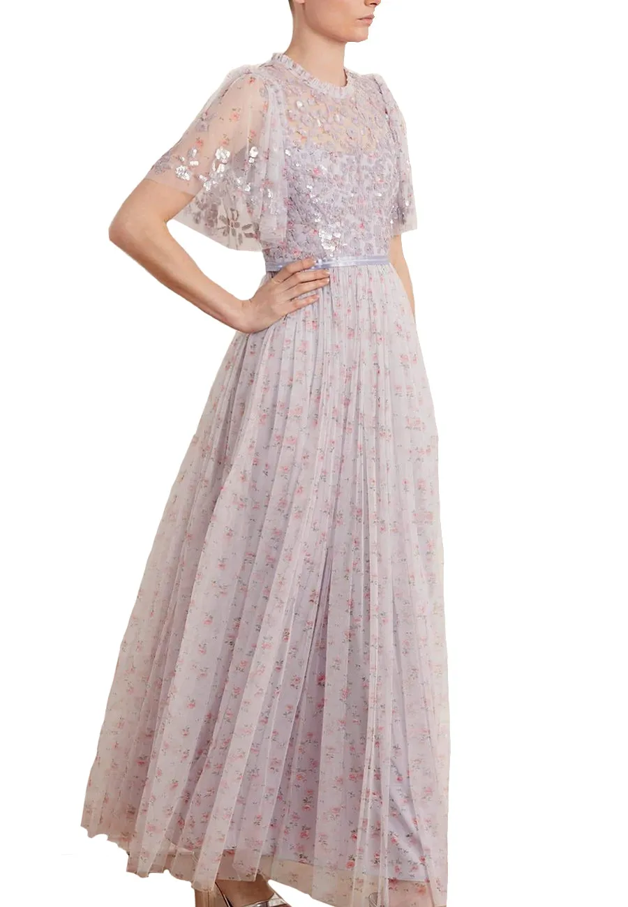 Lilac Bijou Rose Sequins Bodice Printed Maxi Dress