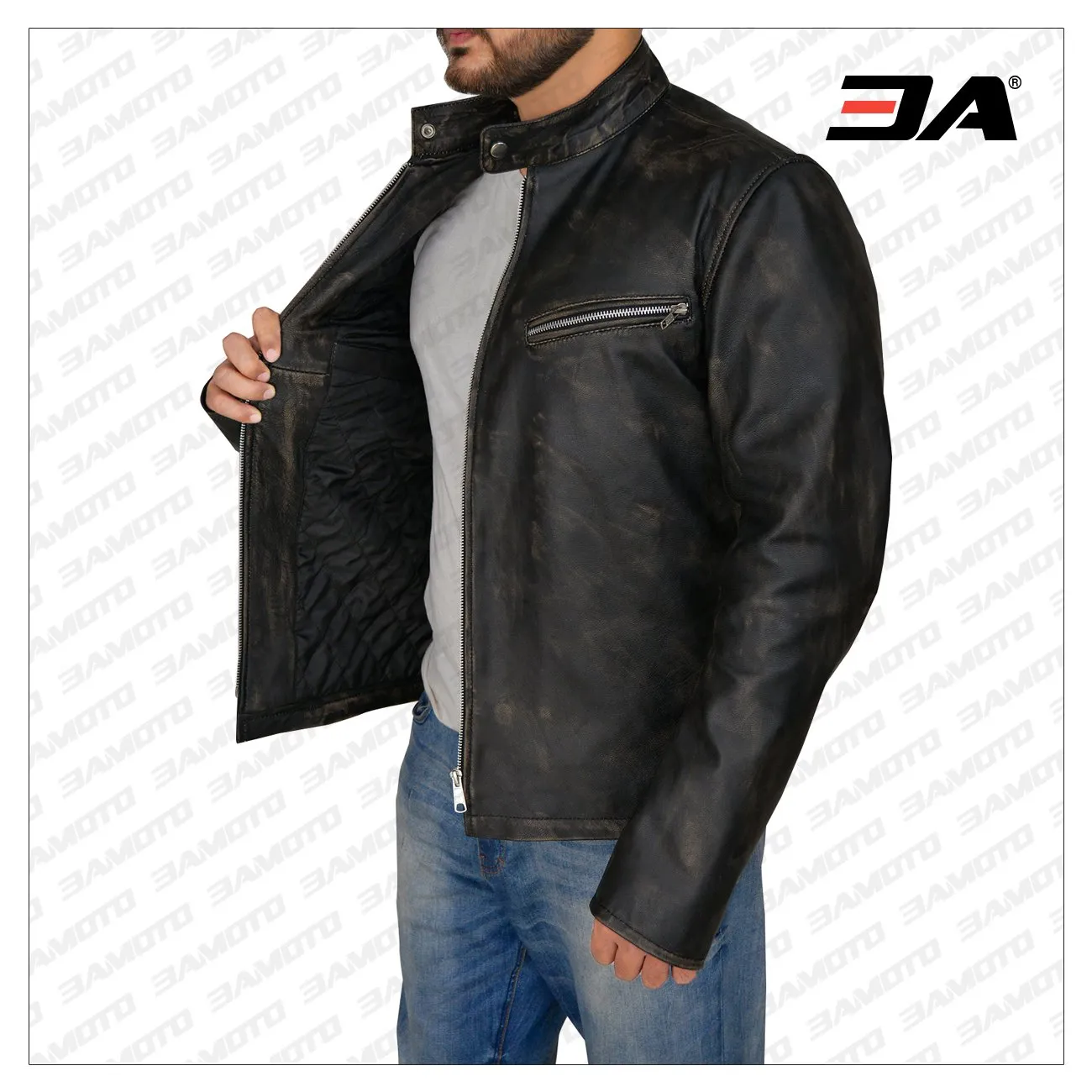 Men Distressed Black Cafe Racer Jacket