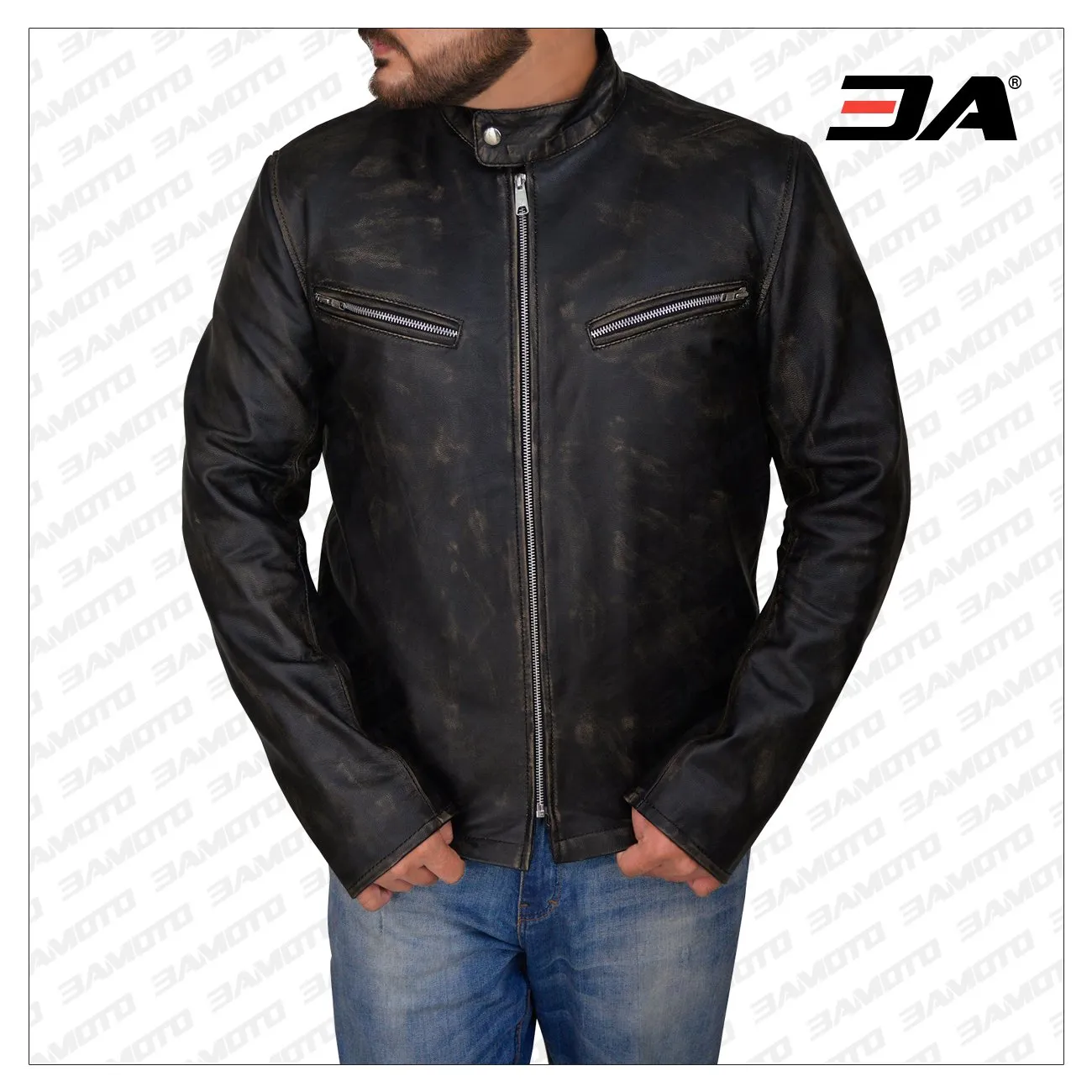 Men Distressed Black Cafe Racer Jacket