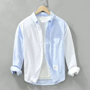 Men's Long Sleeve Patchwork Cotton Shirt | Turn-Down Collar Blue Fashion Shirt