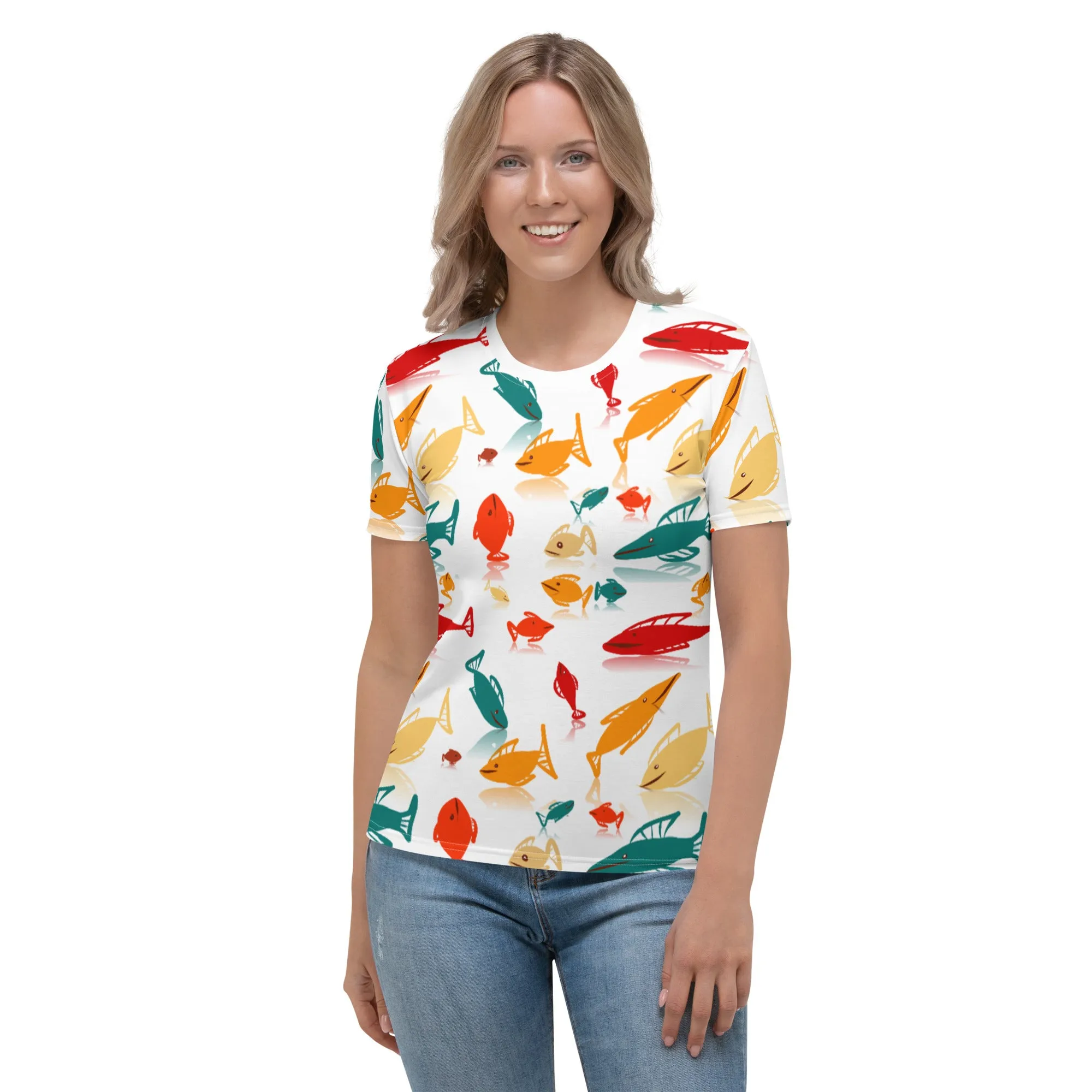 Multi-Color Fish Mania Women's Crew Neck White T-Shirt