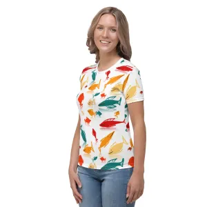 Multi-Color Fish Mania Women's Crew Neck White T-Shirt