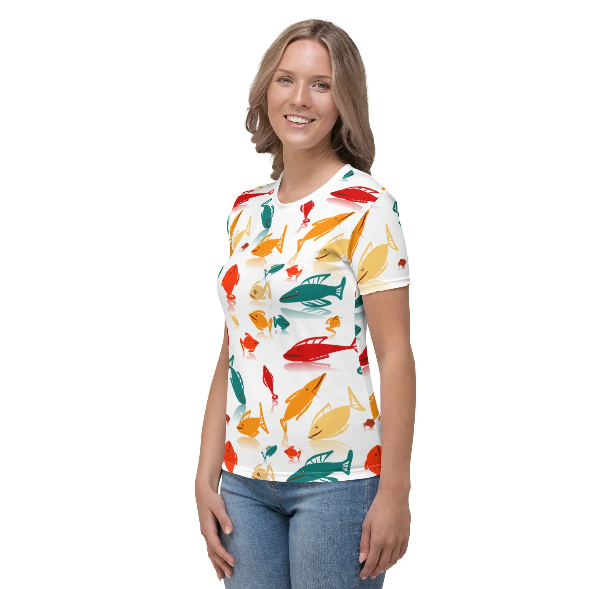 Multi-Color Fish Mania Women's Crew Neck White T-Shirt