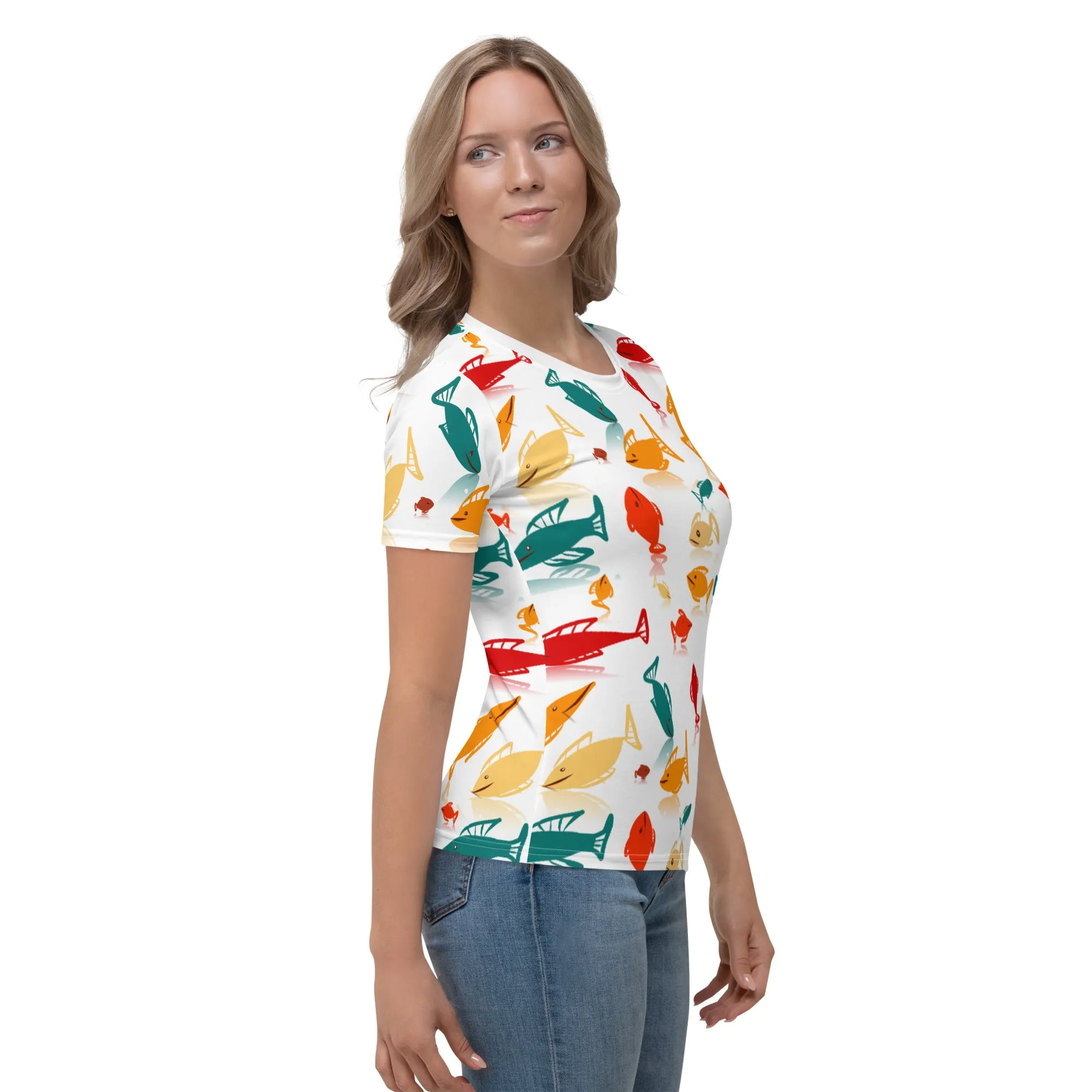 Multi-Color Fish Mania Women's Crew Neck White T-Shirt